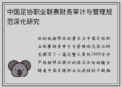 中国足协职业联赛财务审计与管理规范深化研究 中国足协职业联赛财务审计与管理规范深化研究